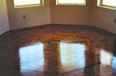 Octagon inlay in oak hardwood with a medium-brown stain, coated with an oil-based urethane